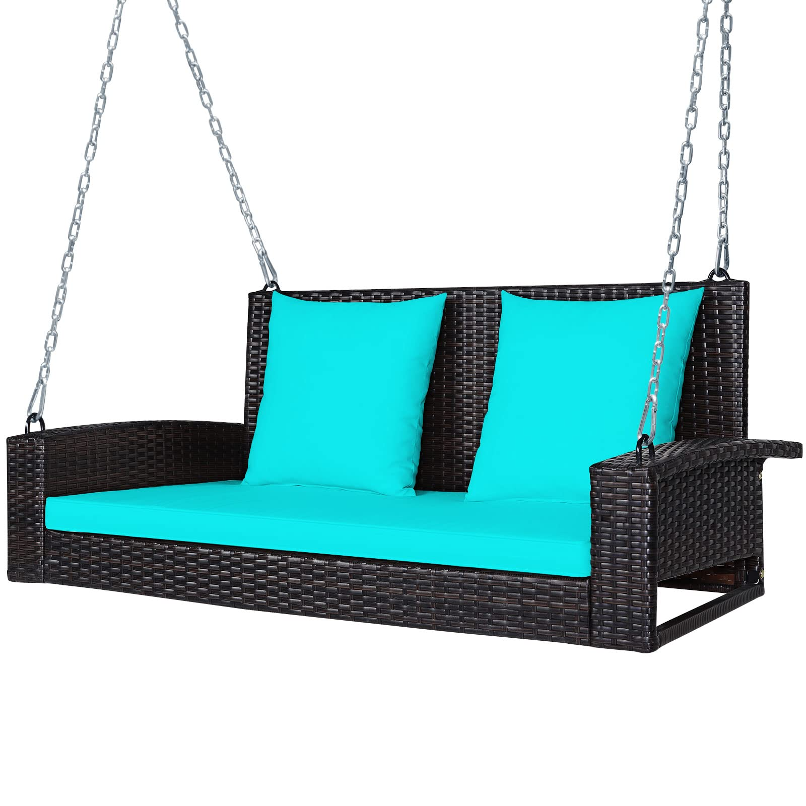Tangkula 2-Person Wicker Hanging Porch Swing, Patiojoy Outdoor Rattan Swing Bench W/ 2 Back Cushions & 1 Seat Cushion, Sturdy Steel Chain
